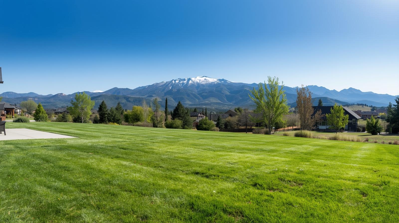 Backyard lawn in the Aspen valley with Colorado mountains in the background